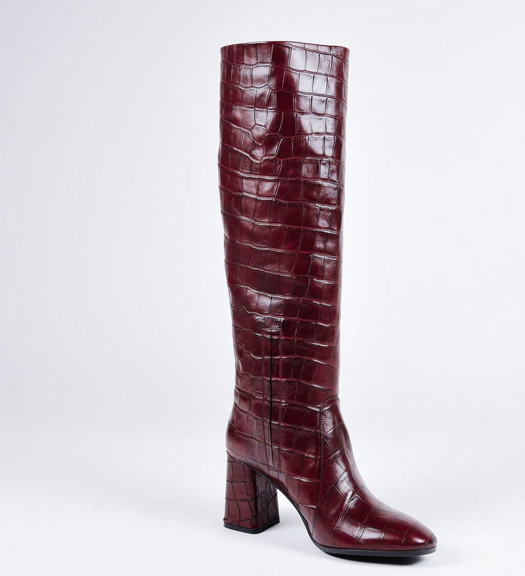 Bottes à talons en cuir croco bordeaux Garrice Collection - W205933