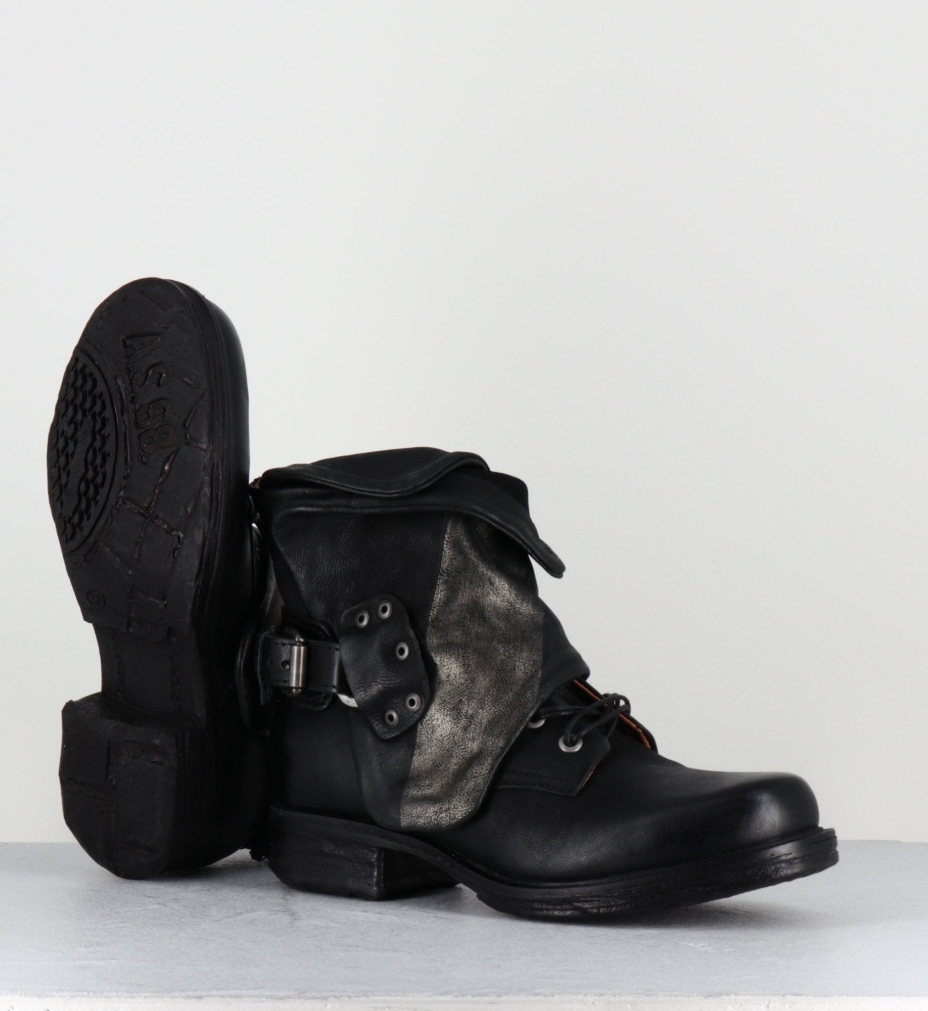Boots rangers à lacets en cuir noir sangle à boucles - 259211 NERO