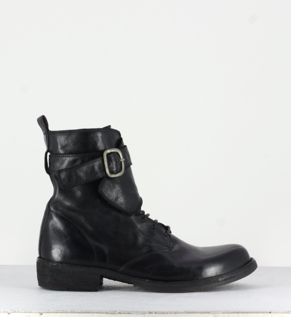 Boots plates à lacets en cuir noir - LEGRAND142H24 NERO