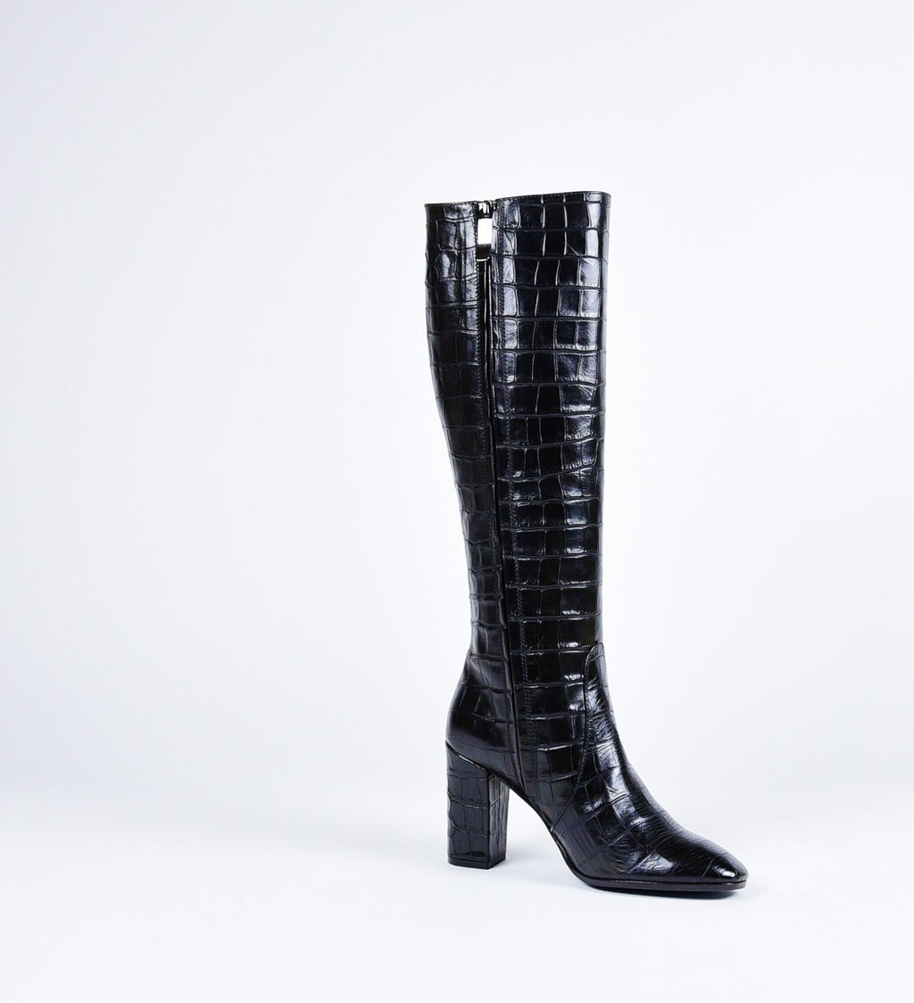 Bottes à talons en cuir noir estampillé crocodile Garrice Collection - W205951CR