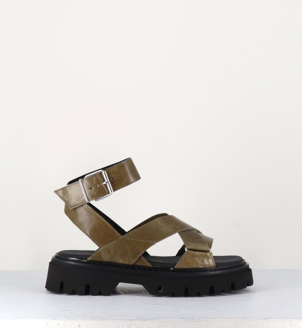 Sandales semelle épaisse en cuir khaki - PE7455 MILITARE