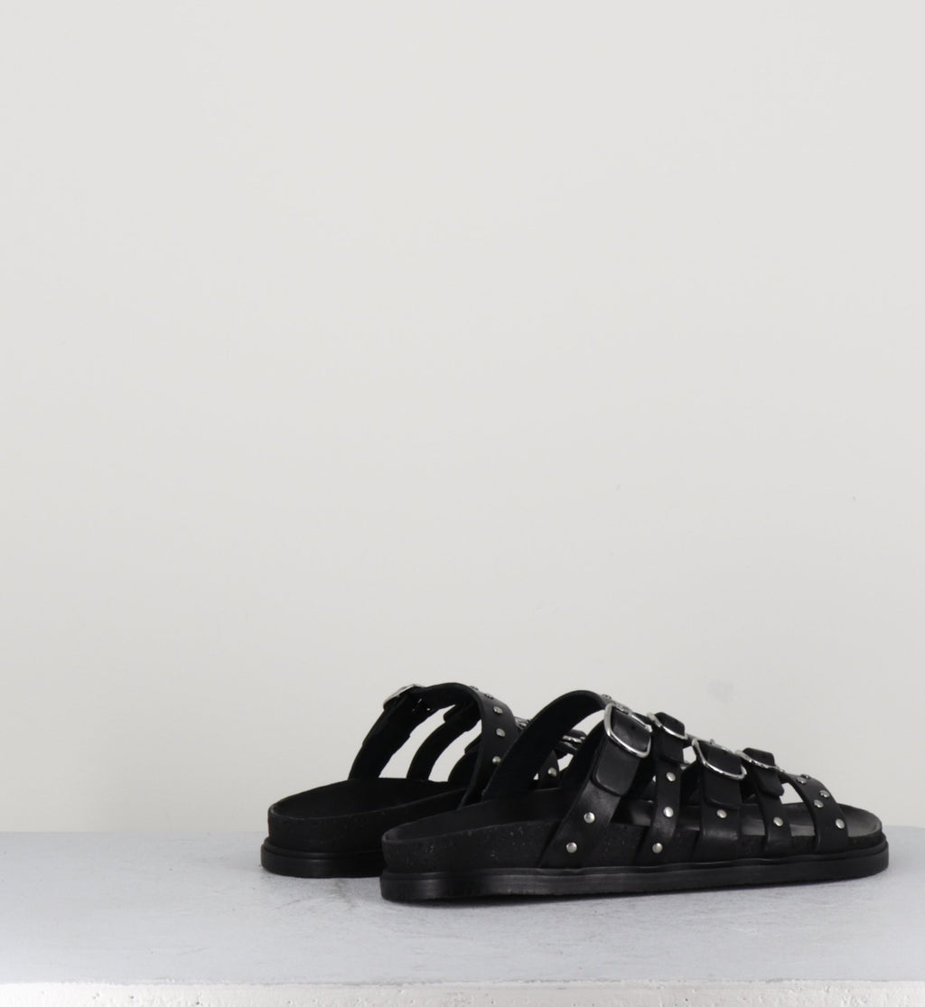 Sandales plates en cuir noir multi-brides à clous - 68750 NERO