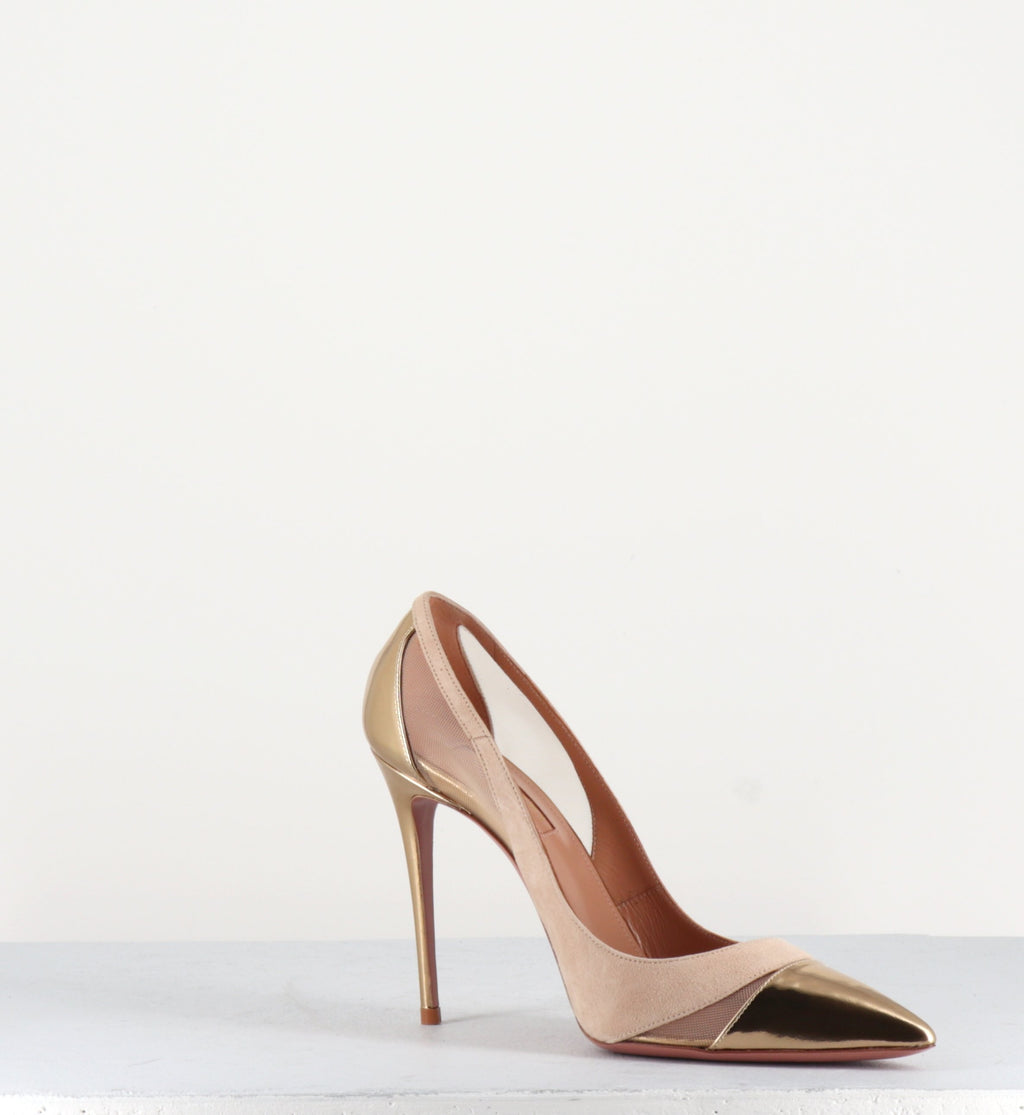 Escarpins à talon hauts en cuir nude et doré Aquazzura - SAVOY PUMP105D