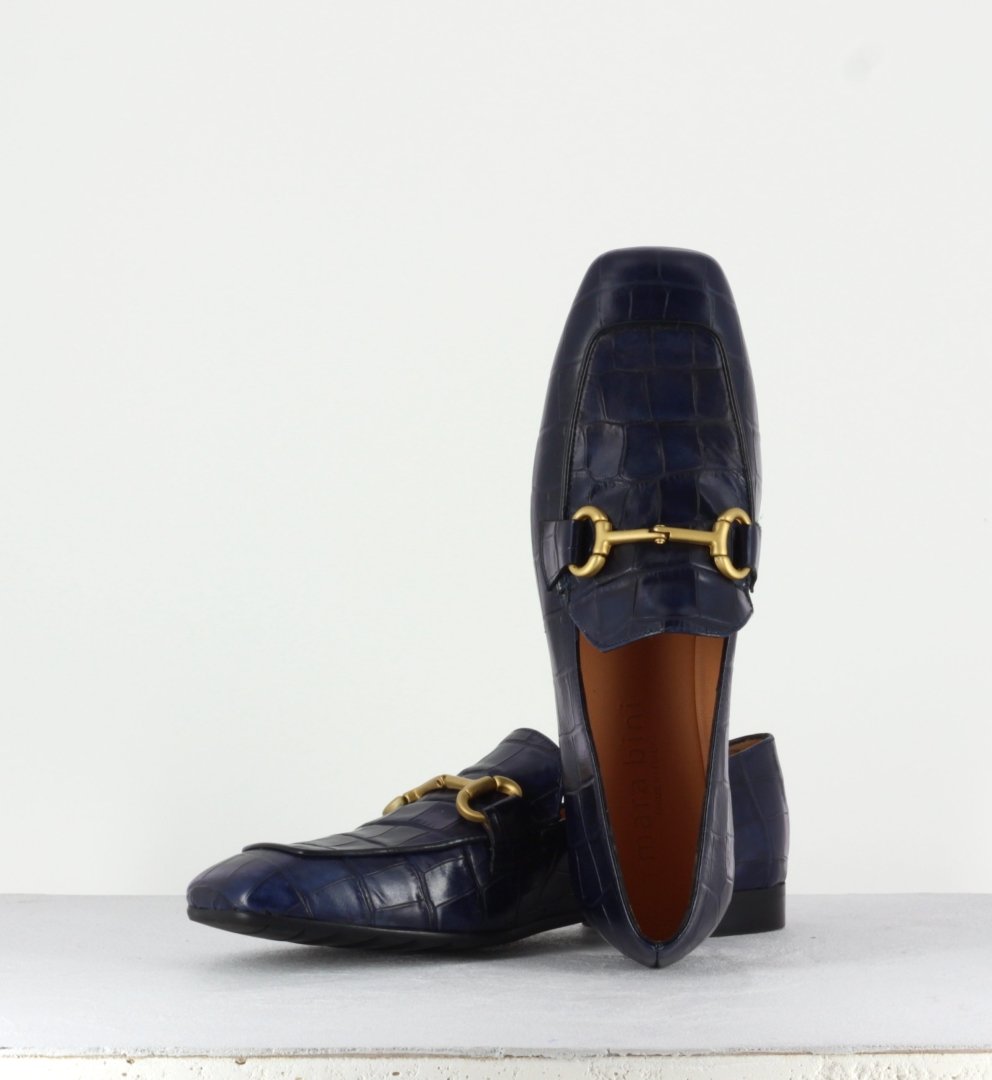 Mocassins plats à bout carré en cuir estampillé croco bleu MARA BINI - F536 BLEU