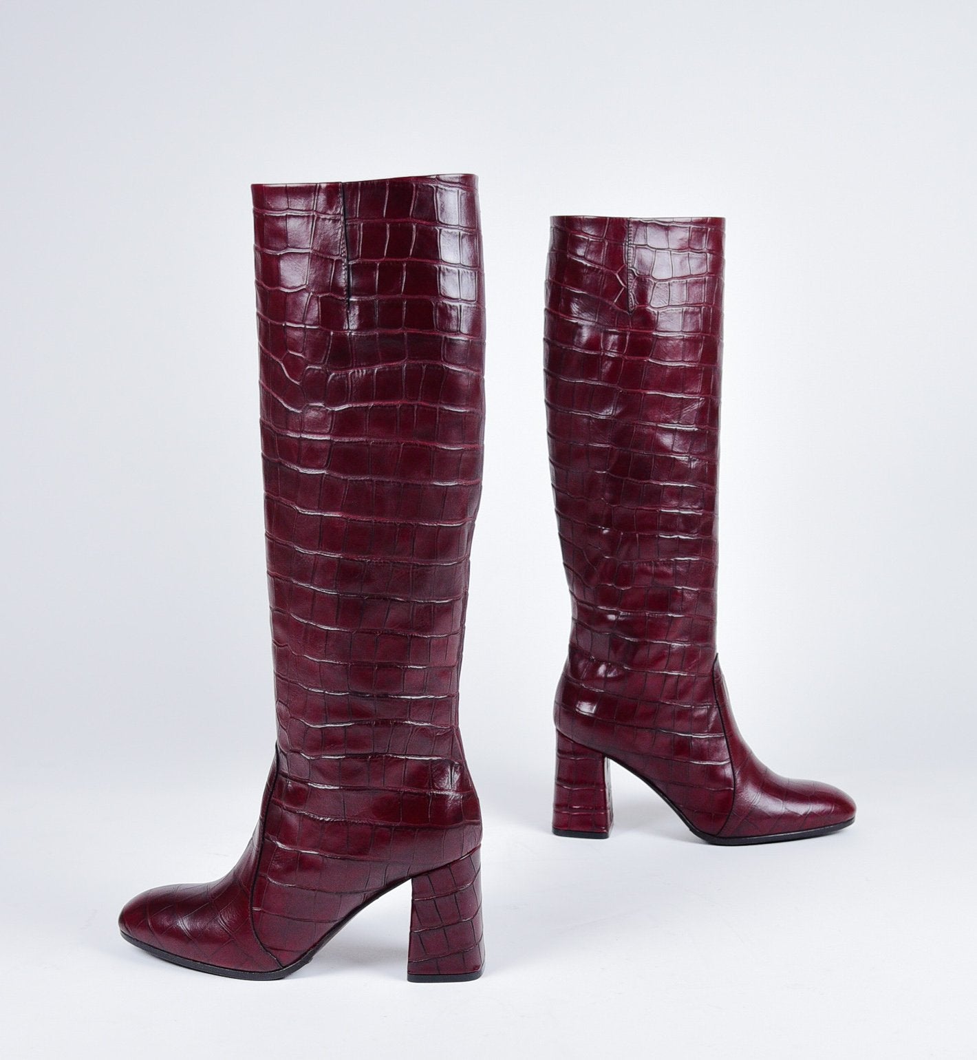Bottes à talons en cuir croco bordeaux Garrice Collection - W205933