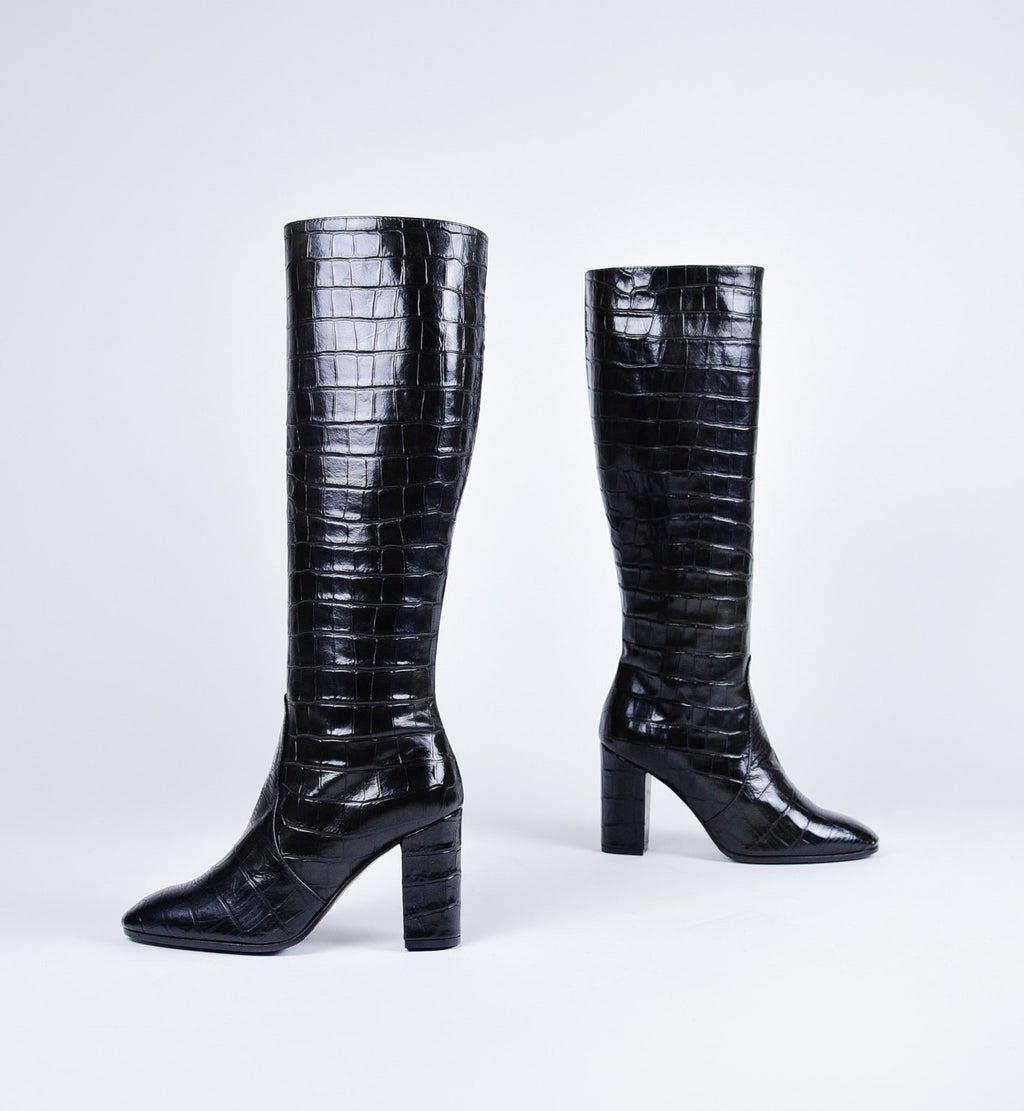 Bottes à talons en cuir noir estampillé crocodile Garrice Collection - W205951CR