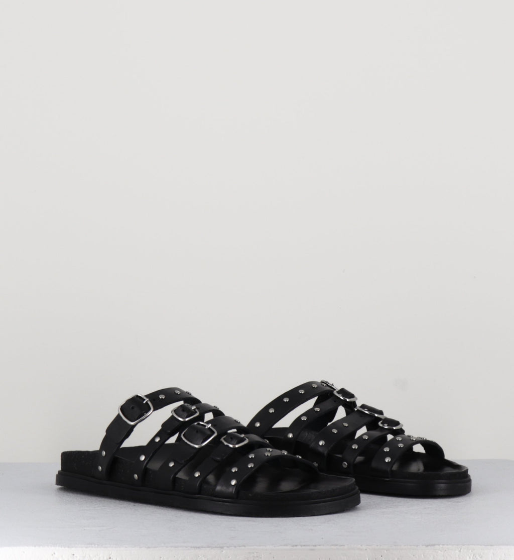Sandales plates en cuir noir multi-brides à clous - 68750 NERO
