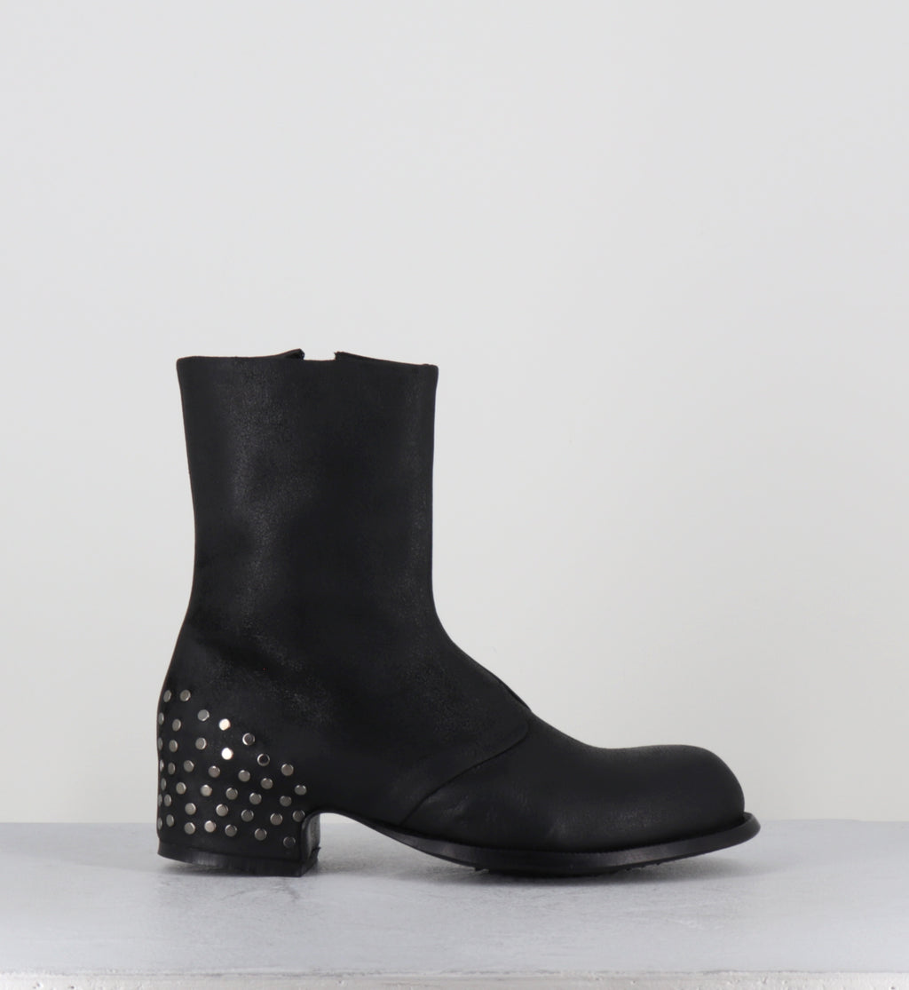 Bottines cuir huilé noir à vlous - BEAT RIVET BIKER NERO