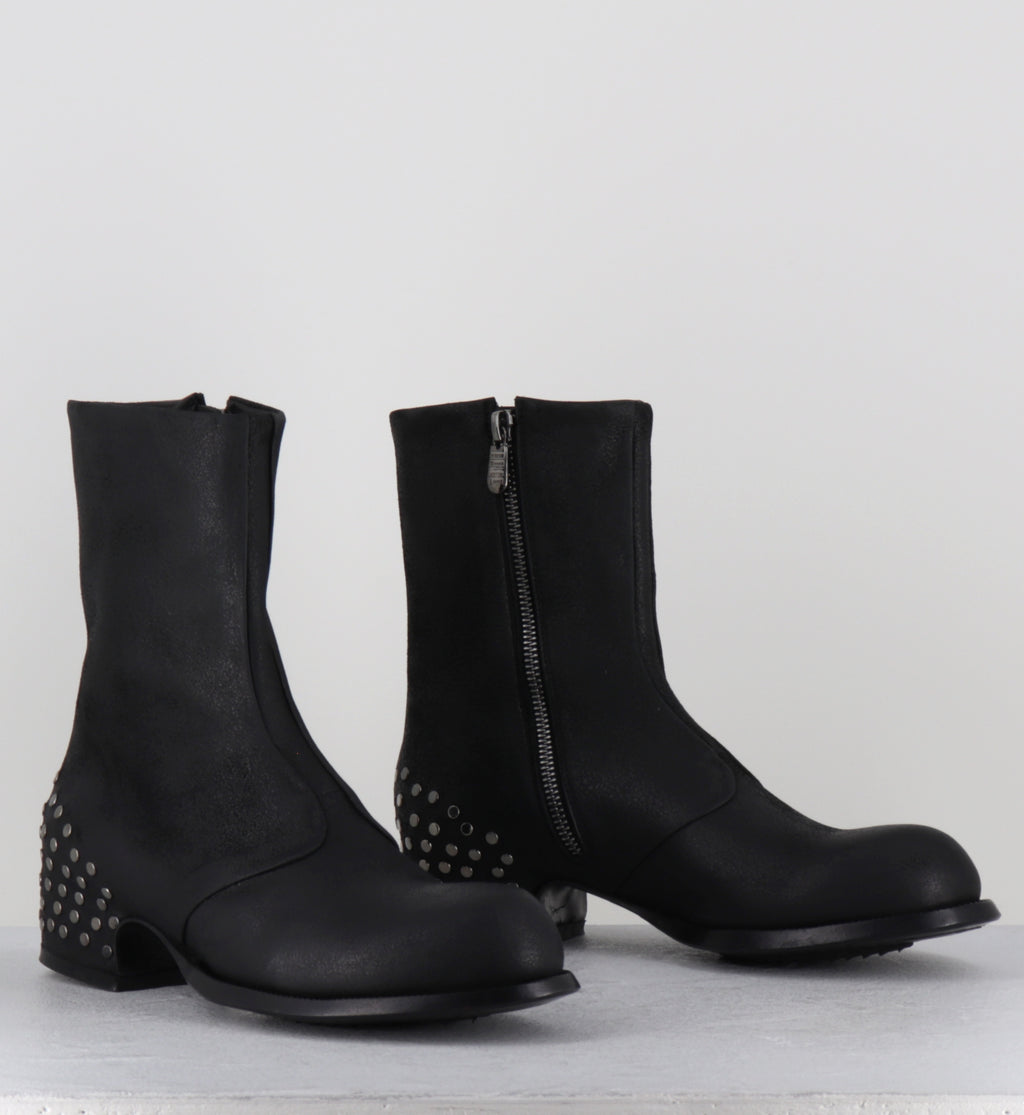 Bottines cuir huilé noir à vlous - BEAT RIVET BIKER NERO