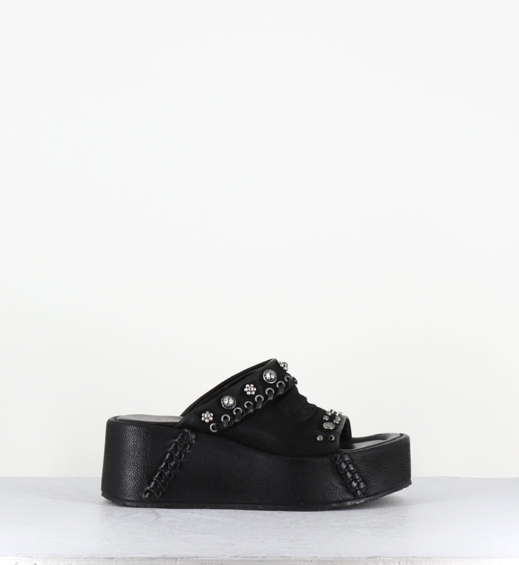 Mules compensées en cuir noir - B99009 NERO MANOLA
