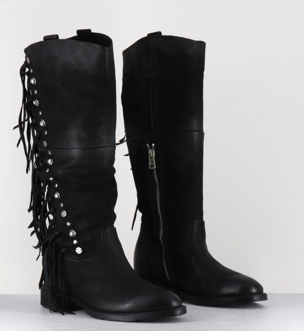 Bottes en daim noir à franges - C14310 NERO