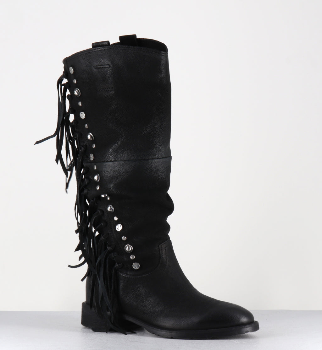 Bottes en daim noir à franges - C14310 NERO