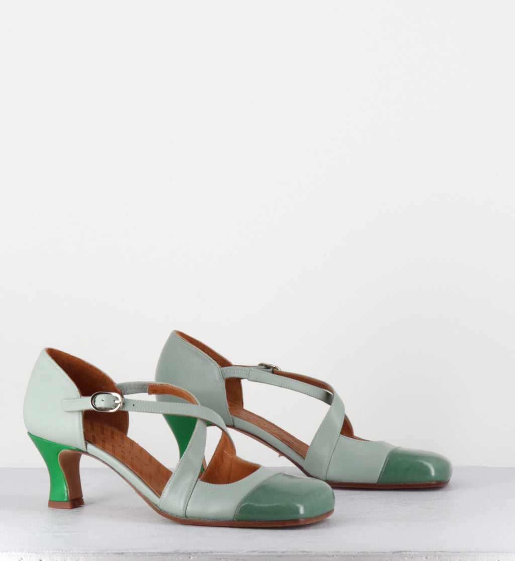 Babies en cuir vert petit talon - SENATA SUCRE JADE