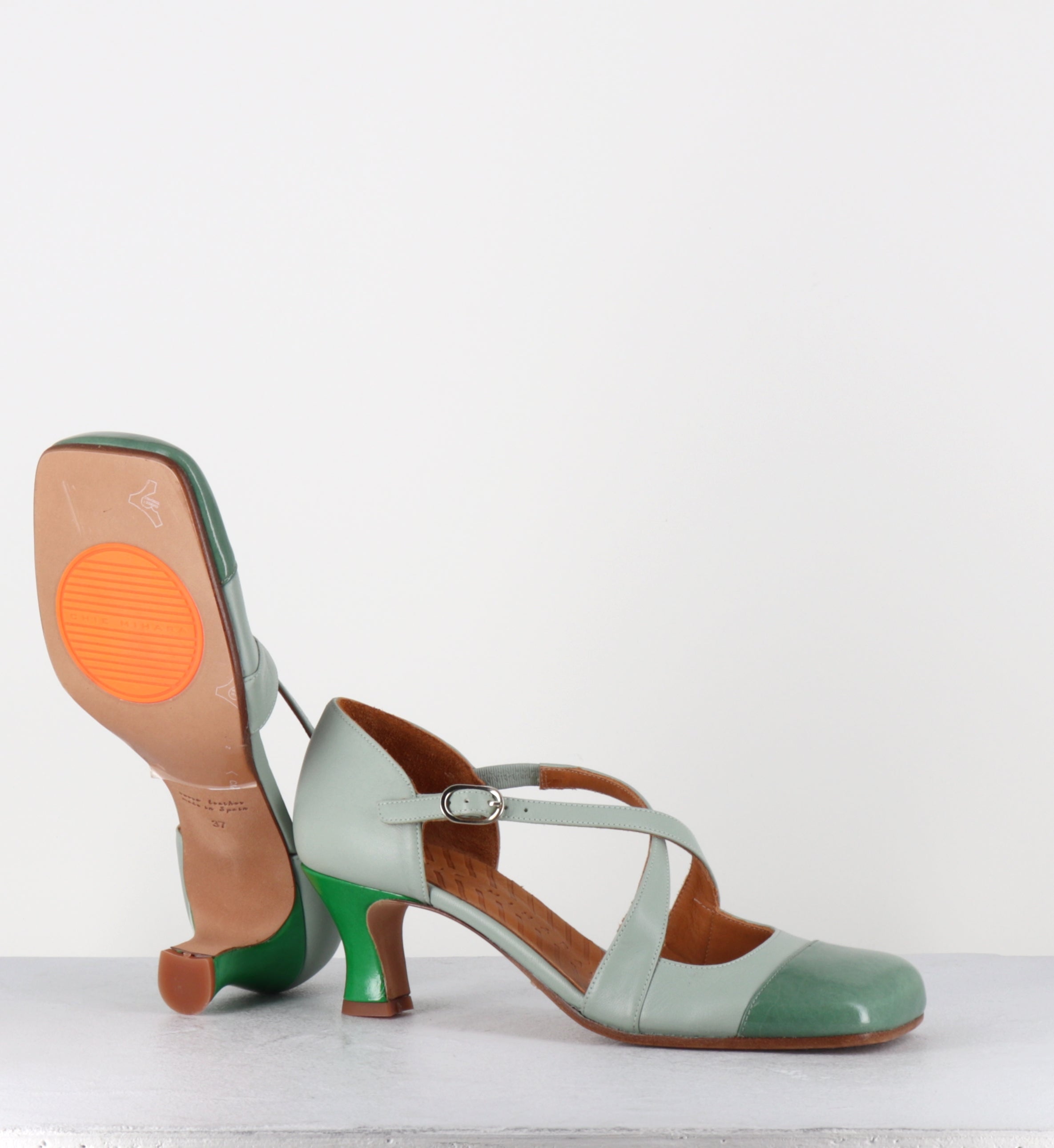 Babies en cuir vert petit talon - SENATA SUCRE JADE