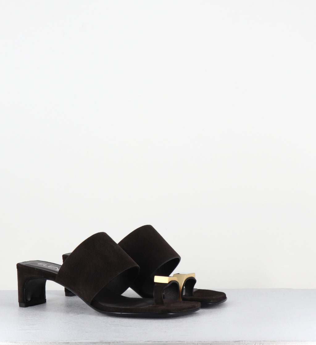 Mules en daim marron bijou doré - E4722 VELOUR EBANO