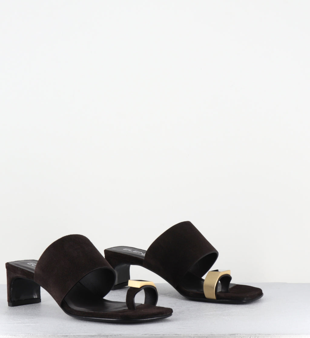 Mules en daim marron bijou doré - E4722 VELOUR EBANO