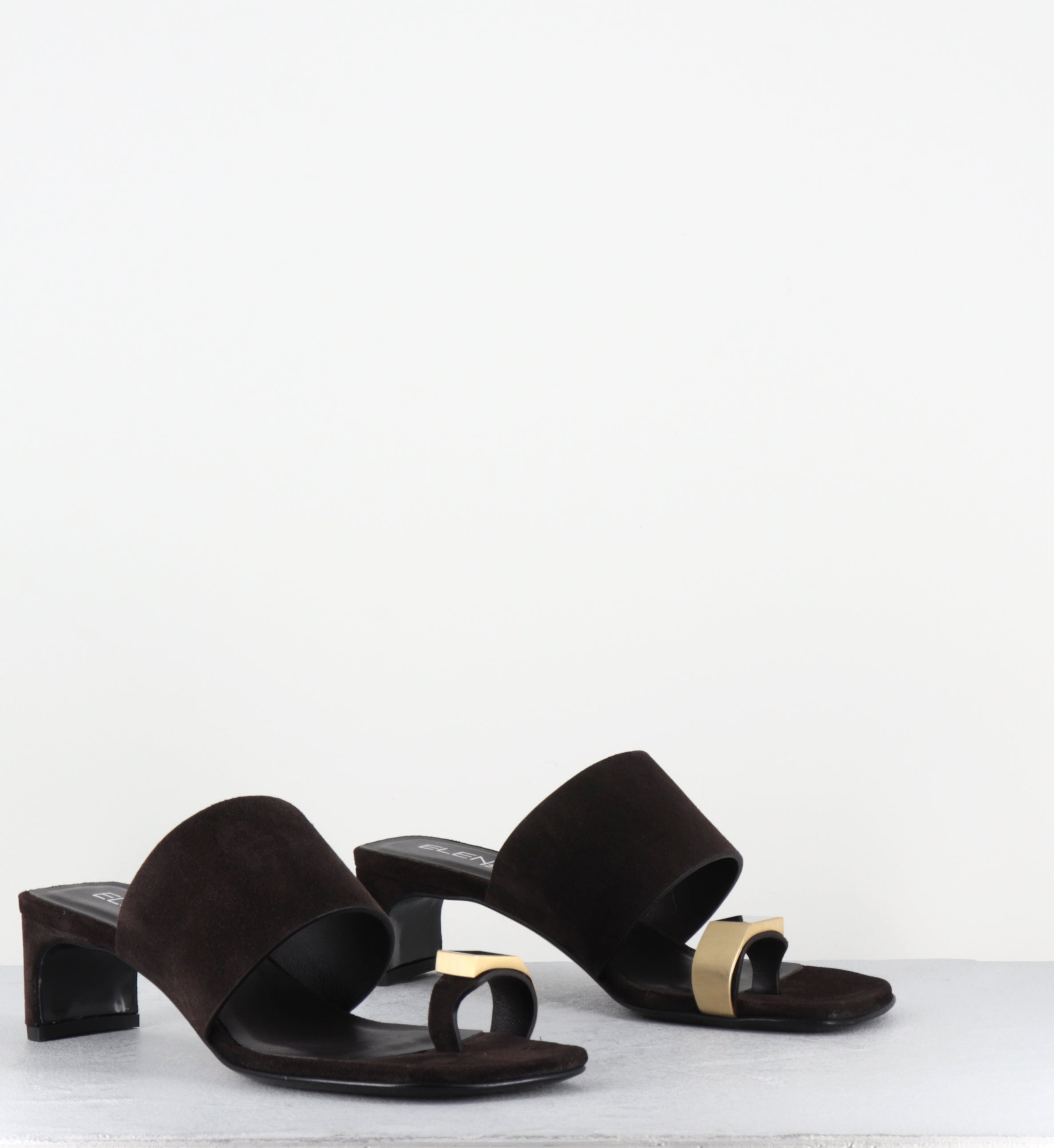 Mules en daim marron bijou doré - E4722 VELOUR EBANO