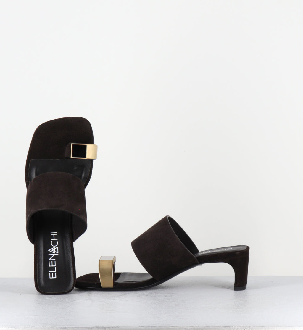 Mules en daim marron bijou doré - E4722 VELOUR EBANO