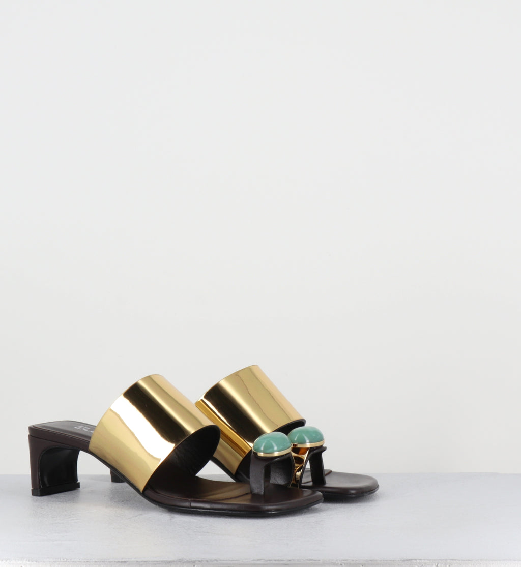 Mules en cuir marron et doré bague pierre - E4722 TALCO MORO