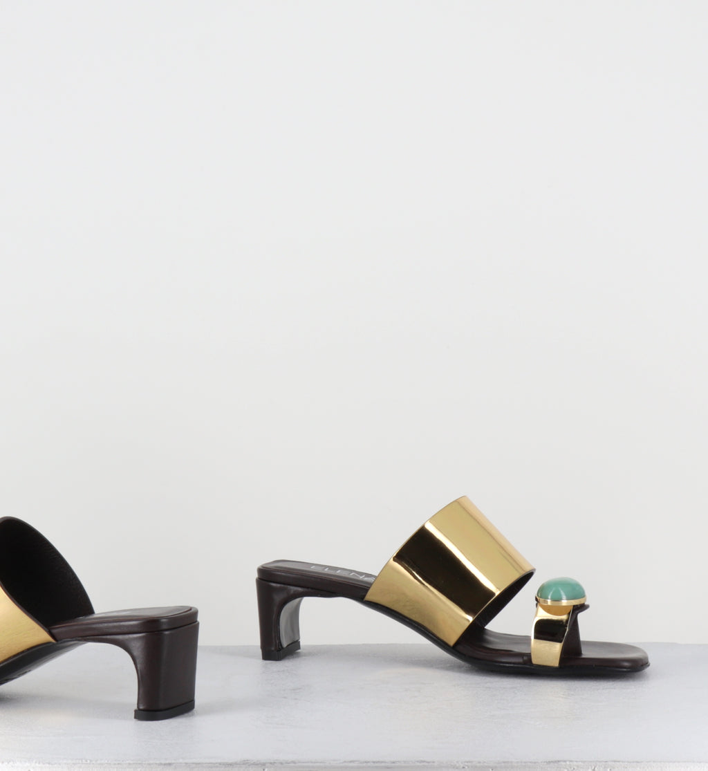 Mules en cuir marron et doré bague pierre - E4722 TALCO MORO