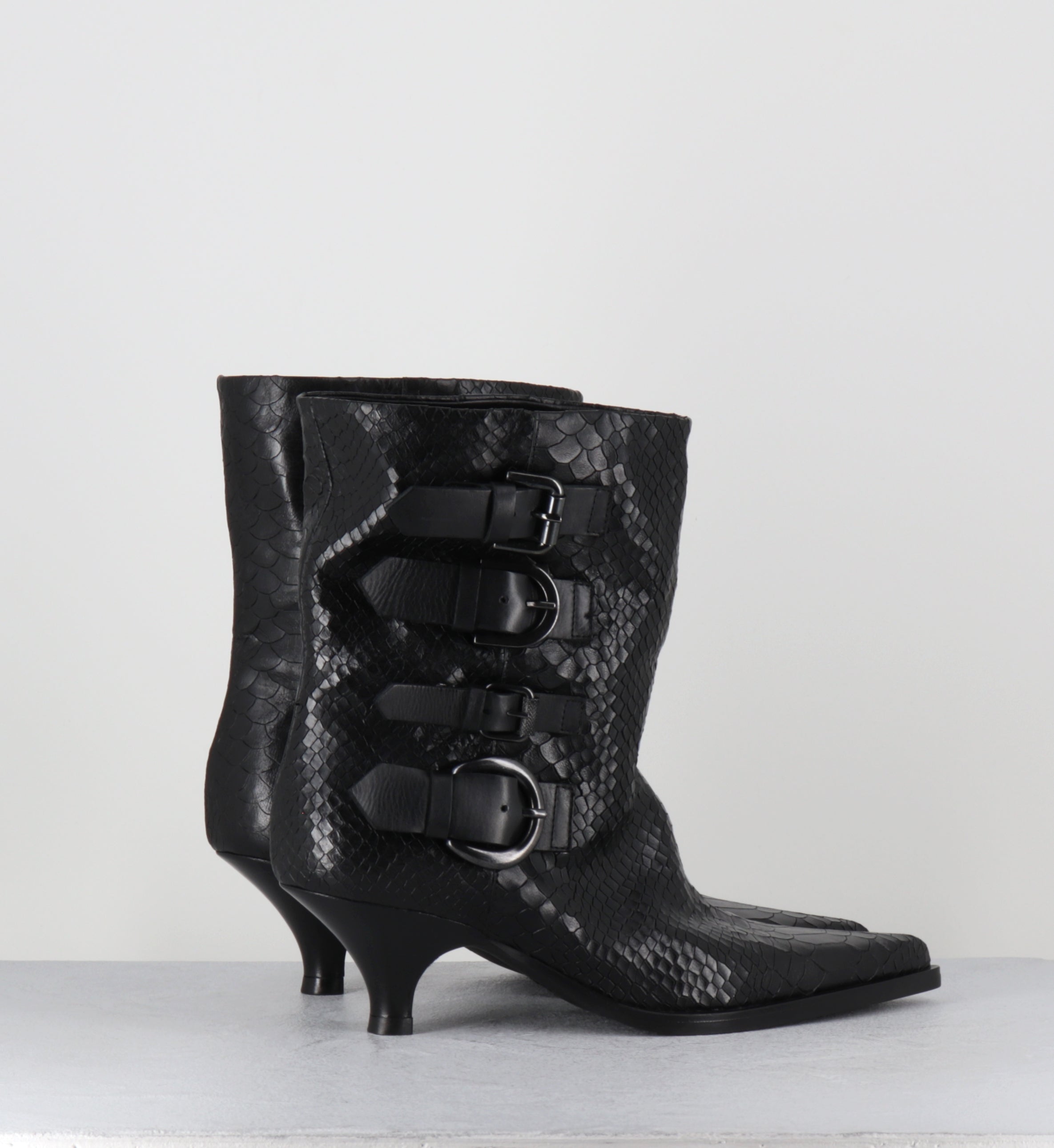 Boots en cuir serpent noir à boucles - E4564 MAMBA NERO