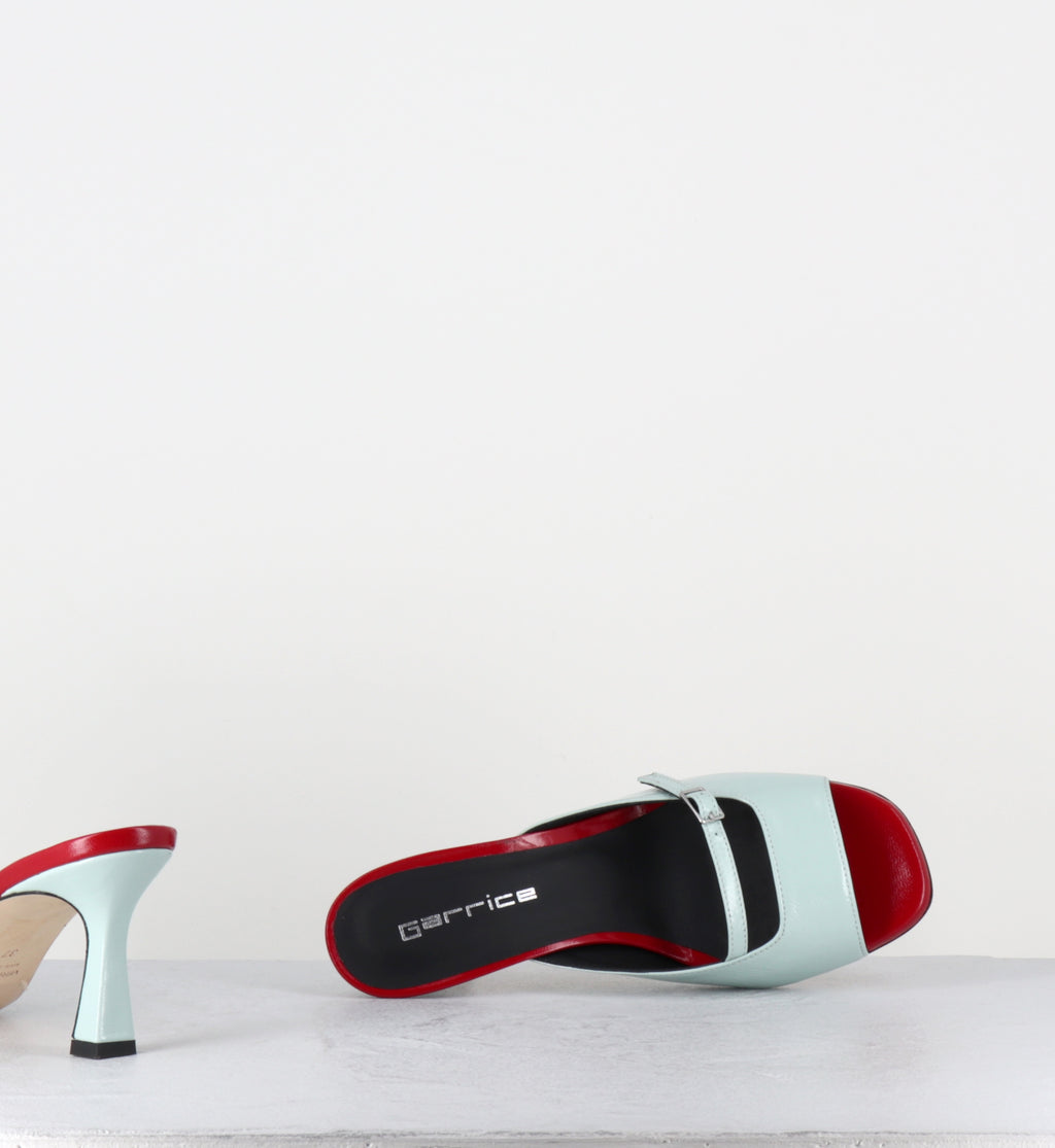 Mules à talon en cuir bleu ciel et rouge - ABILE26 VERNICE GRANITA