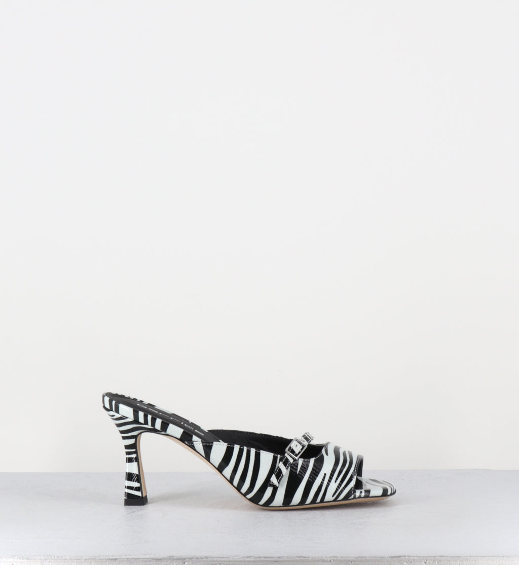 Mules à talon en cuir vernis imprimé zèbre  - ABILE26 ZEBRA BIANCO