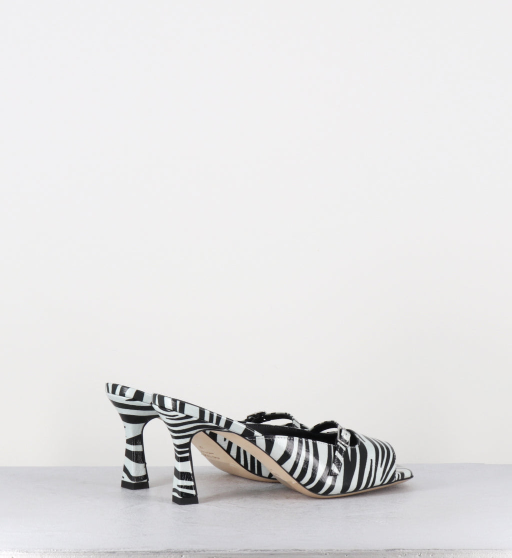 Mules à talon en cuir vernis imprimé zèbre  - ABILE26 ZEBRA BIANCO