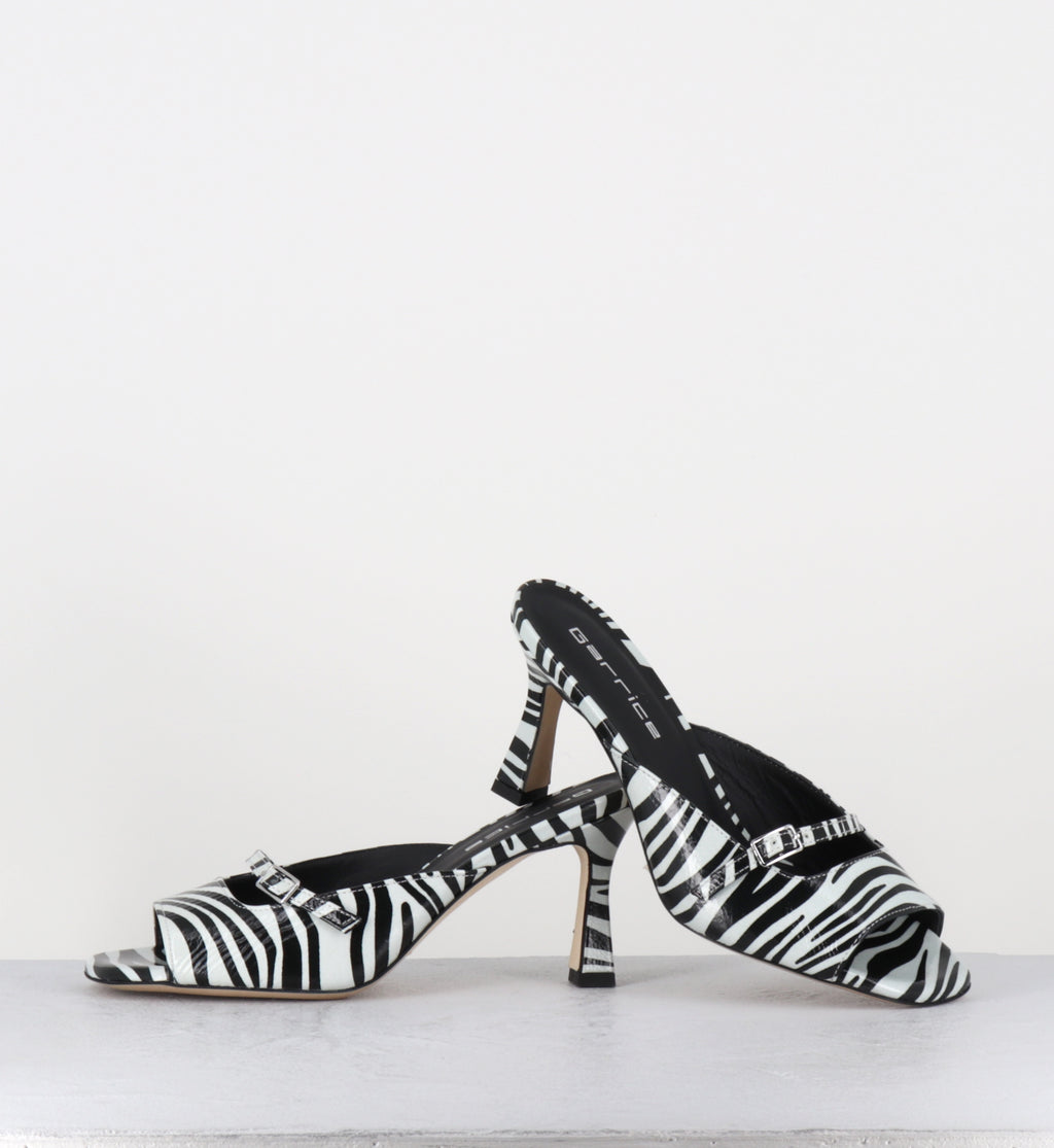 Mules à talon en cuir vernis imprimé zèbre  - ABILE26 ZEBRA BIANCO