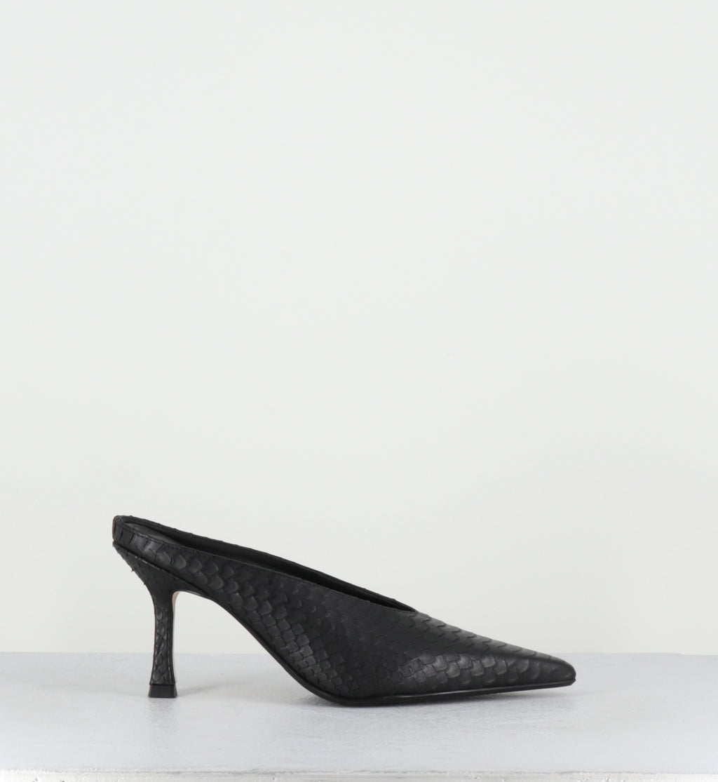 Mules pointu talon haut cuir noir serpent - RIME COBRA NERO