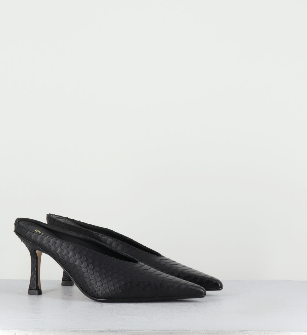Mules pointu talon haut cuir noir serpent - RIME COBRA NERO