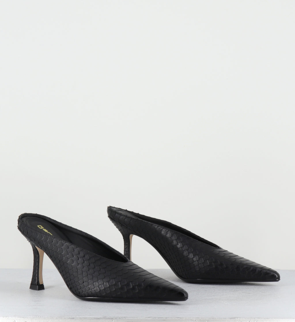 Mules pointu talon haut cuir noir serpent - RIME COBRA NERO