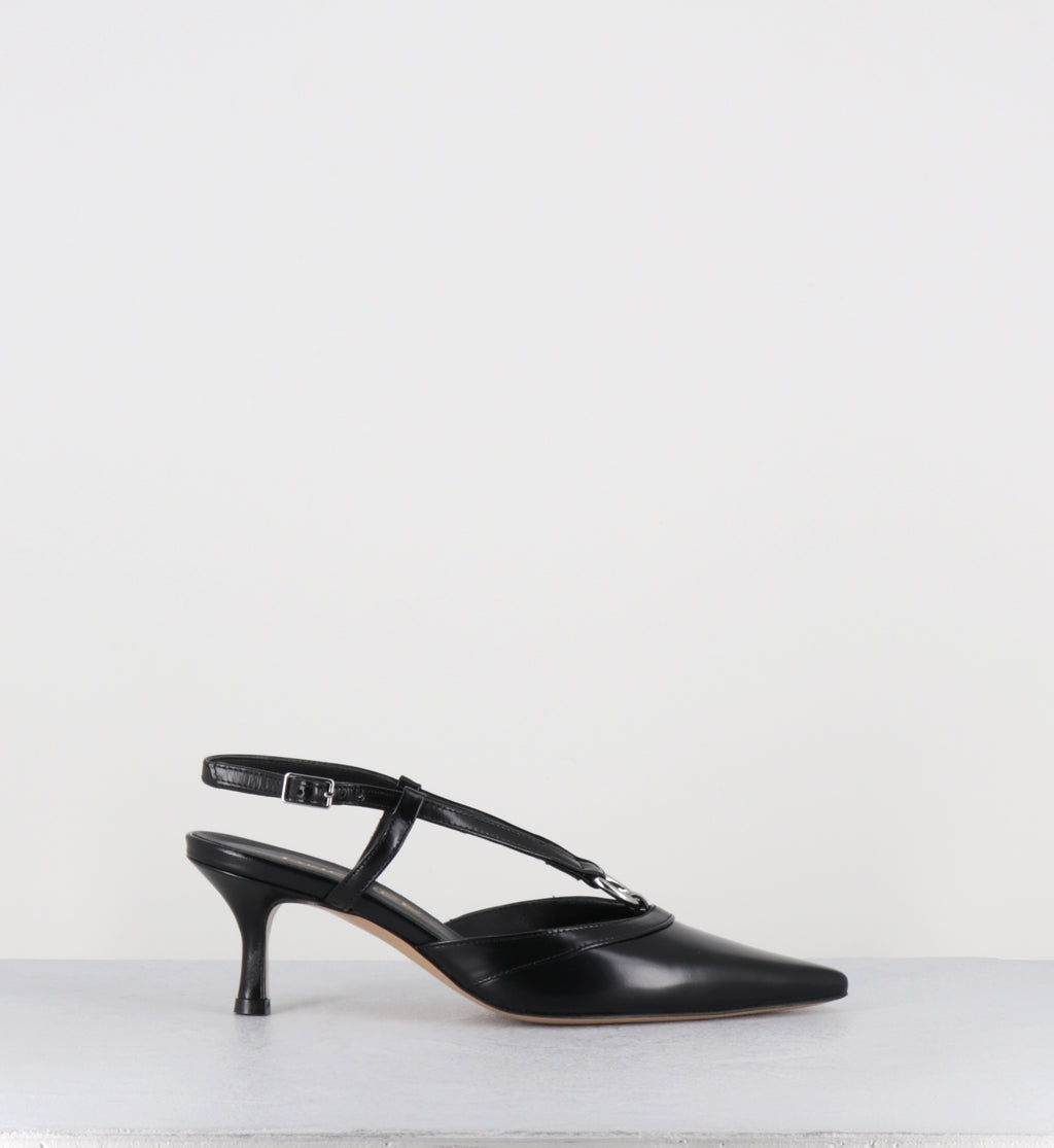 Escarpins slingaback cuir noir anneau argent - BLAINE PIERCING LAREDO NERO