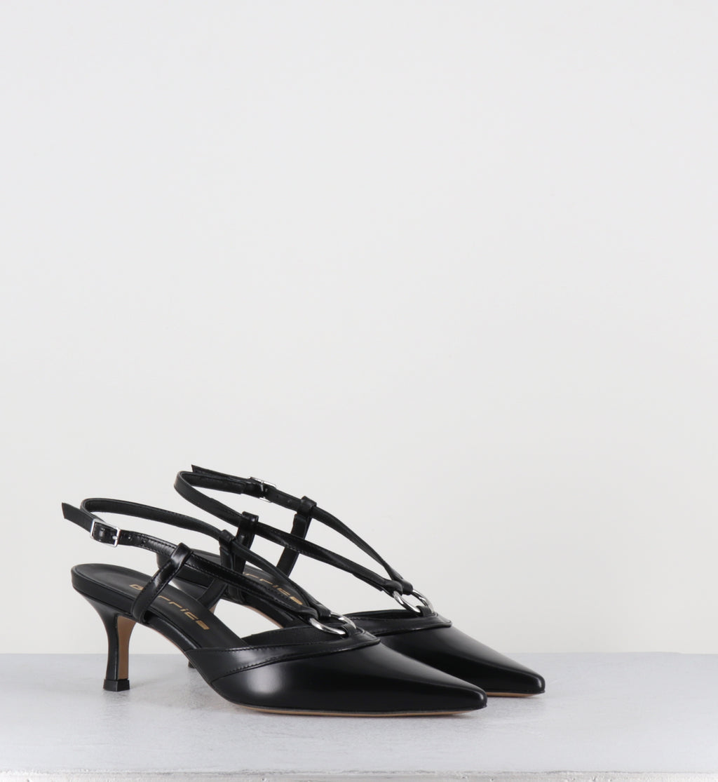 Escarpins slingaback cuir noir anneau argent - BLAINE PIERCING LAREDO NERO