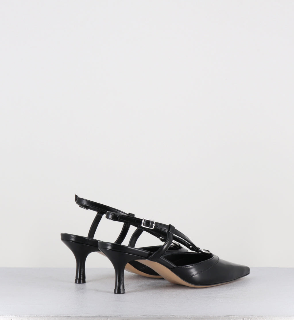 Escarpins slingaback cuir noir anneau argent - BLAINE PIERCING LAREDO NERO