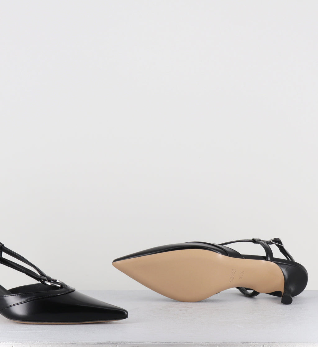 Escarpins slingaback cuir noir anneau argent - BLAINE PIERCING LAREDO NERO