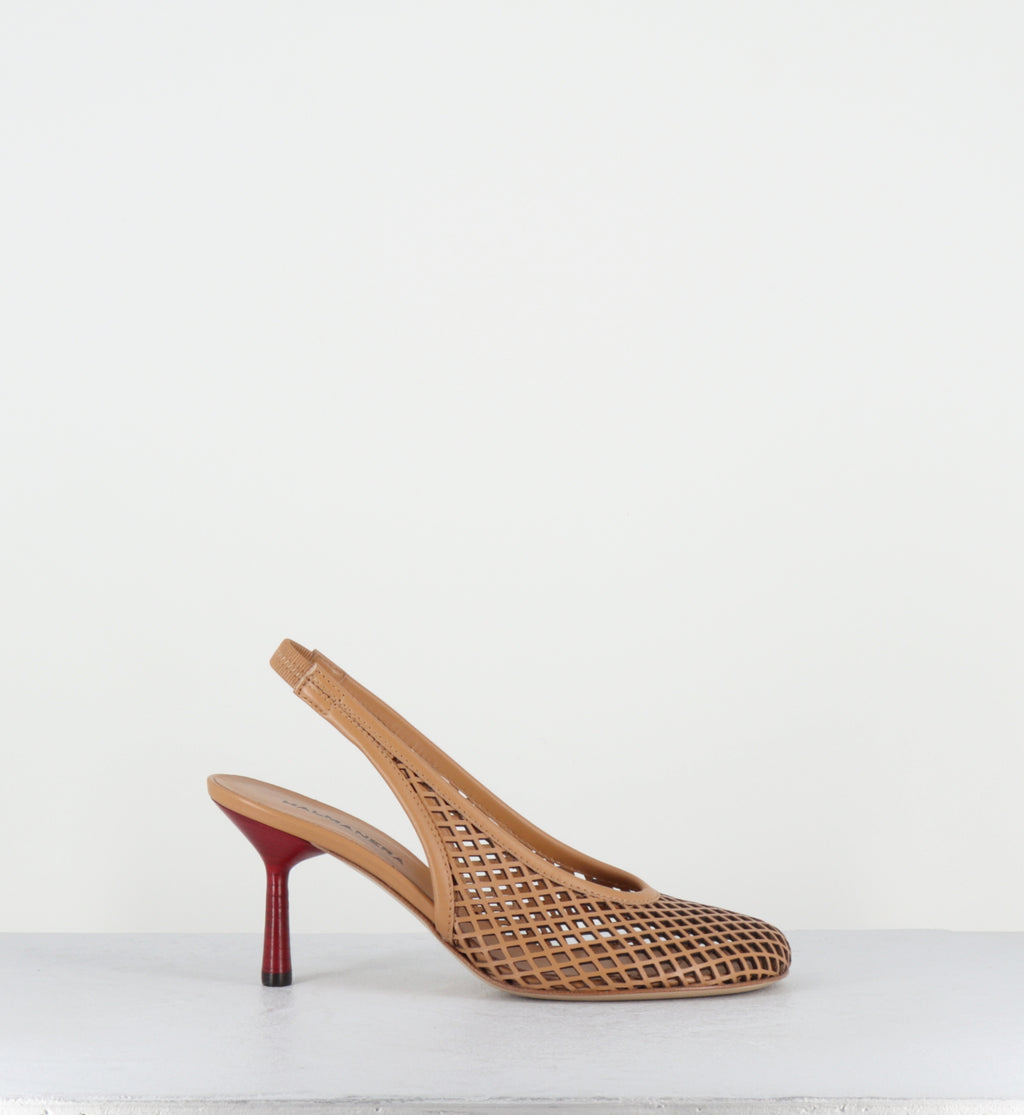 Escarpins en cuir camel ajouré à talon rouge - ADEL03 LASERCUT CARAMEL