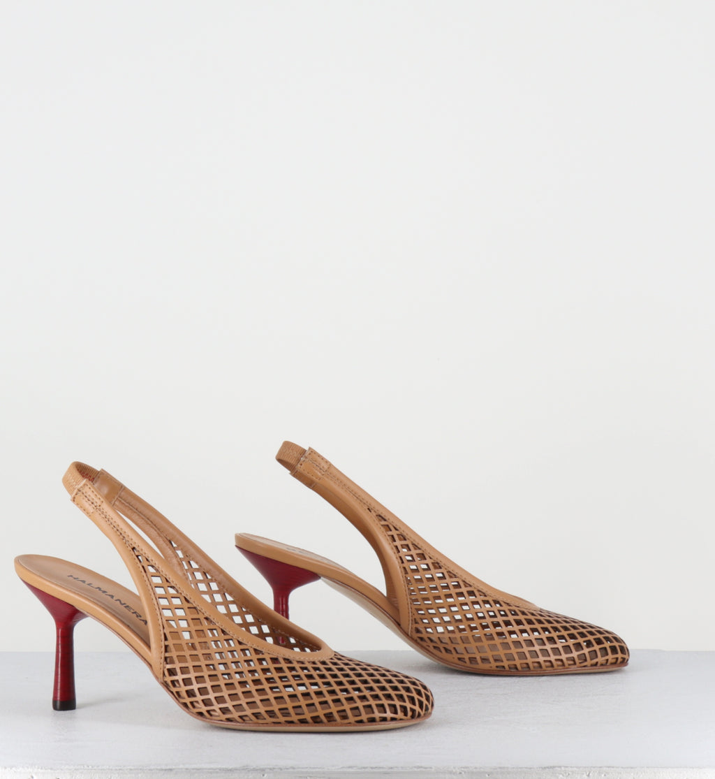 Escarpins en cuir camel ajouré à talon rouge - ADEL03 LASERCUT CARAMEL