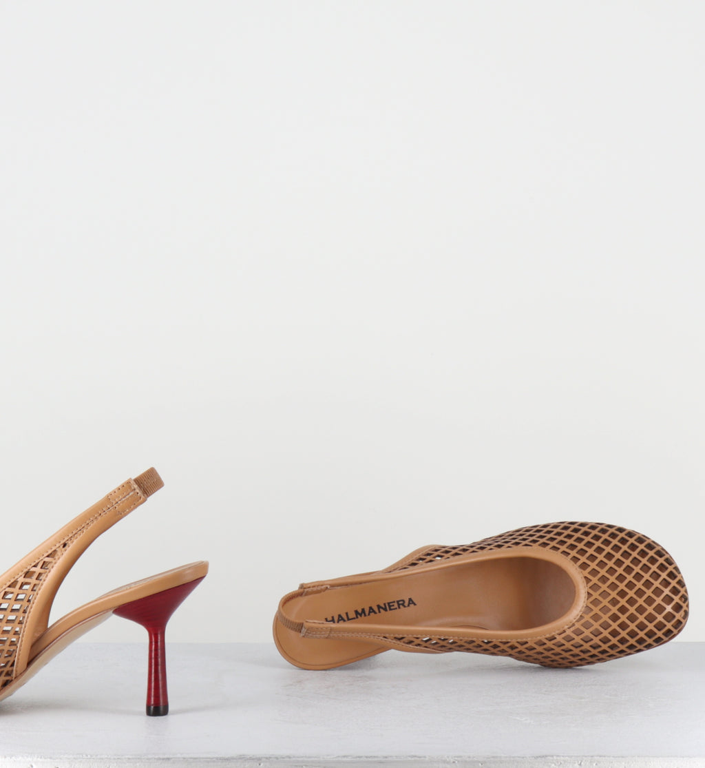 Escarpins en cuir camel ajouré à talon rouge - ADEL03 LASERCUT CARAMEL