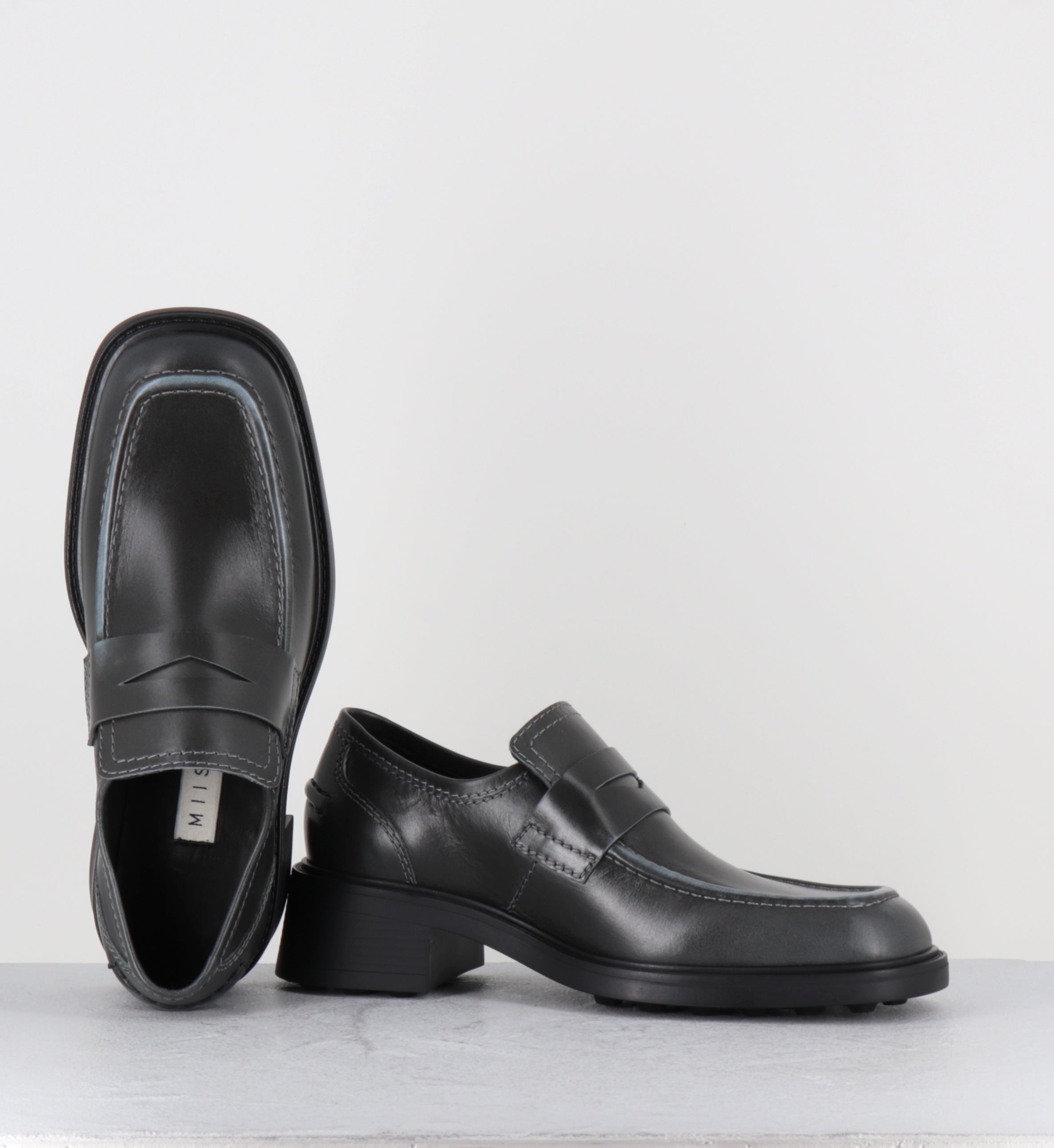 Mocassins à talon en cuir gris bleu - AMELIA BLUE LOAFERS