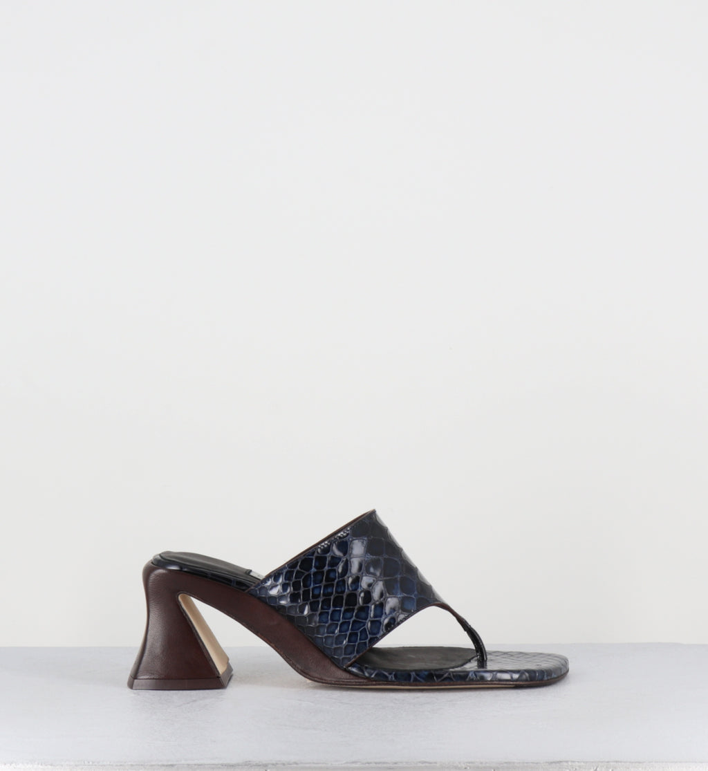 Tongs imprimé serpent bleu et cuir marron - ERNIE NAVY SNAKE