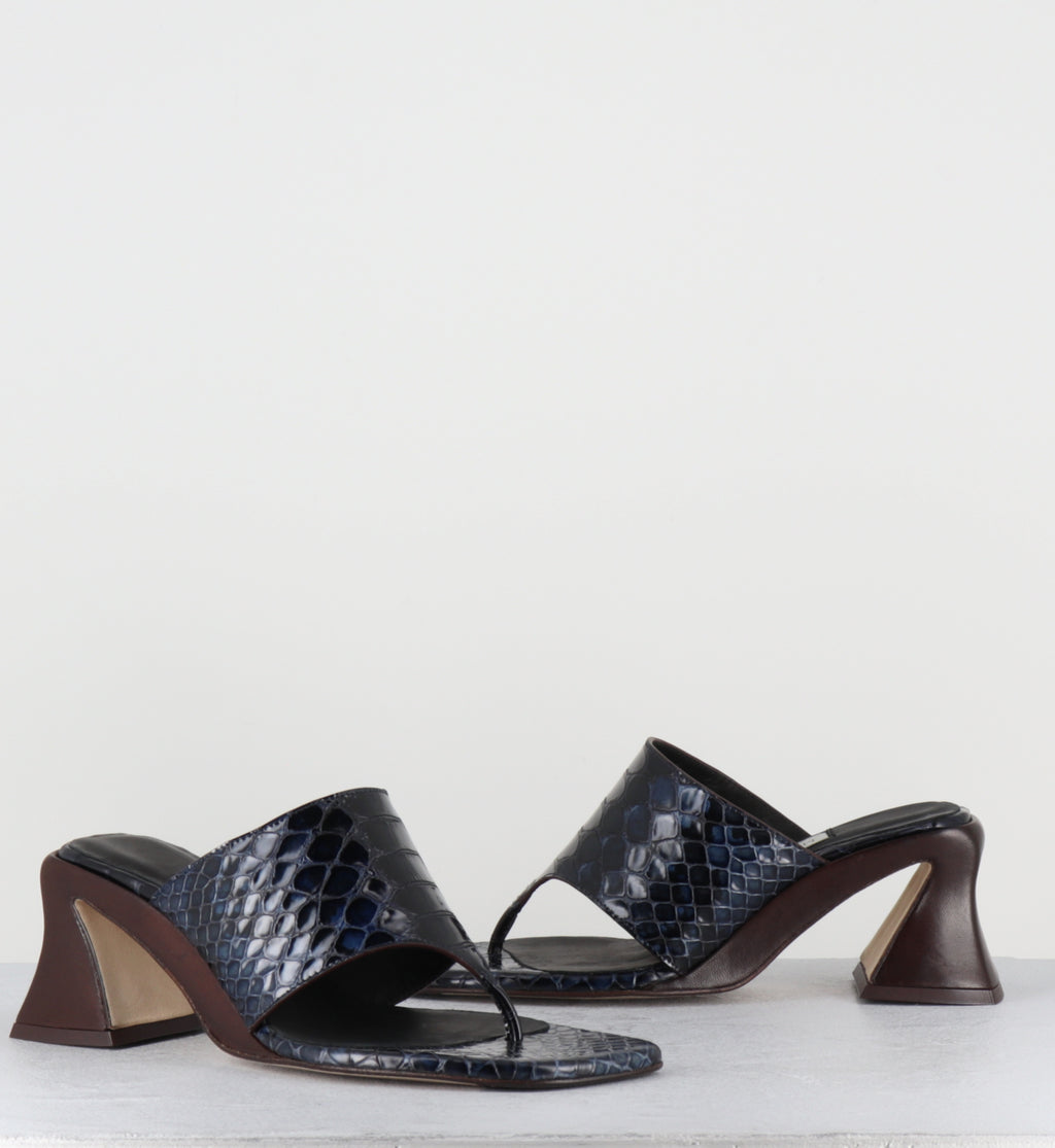 Tongs imprimé serpent bleu et cuir marron - ERNIE NAVY SNAKE