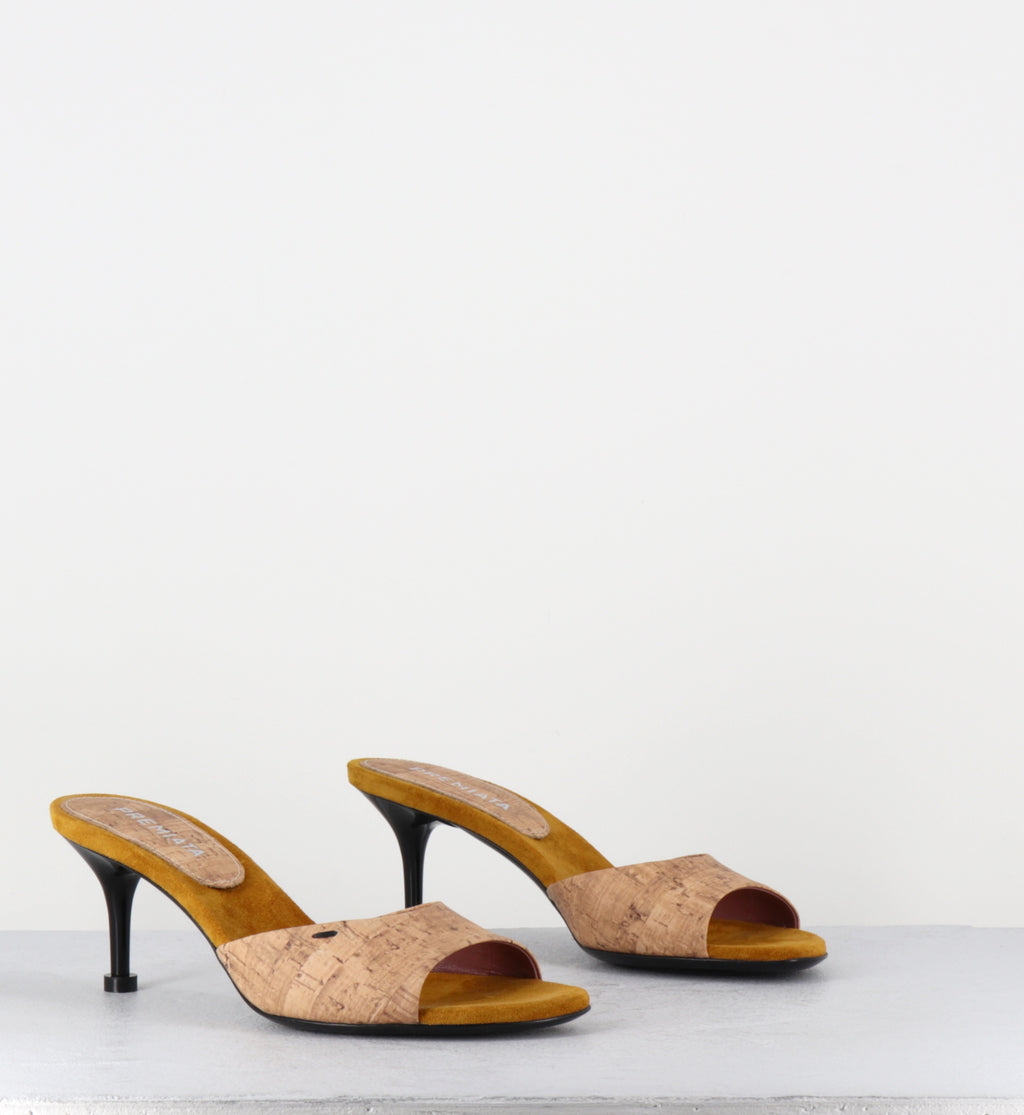 Mules à talon en liège & daim jaune moutarde - M7324 CORK RUSTIC