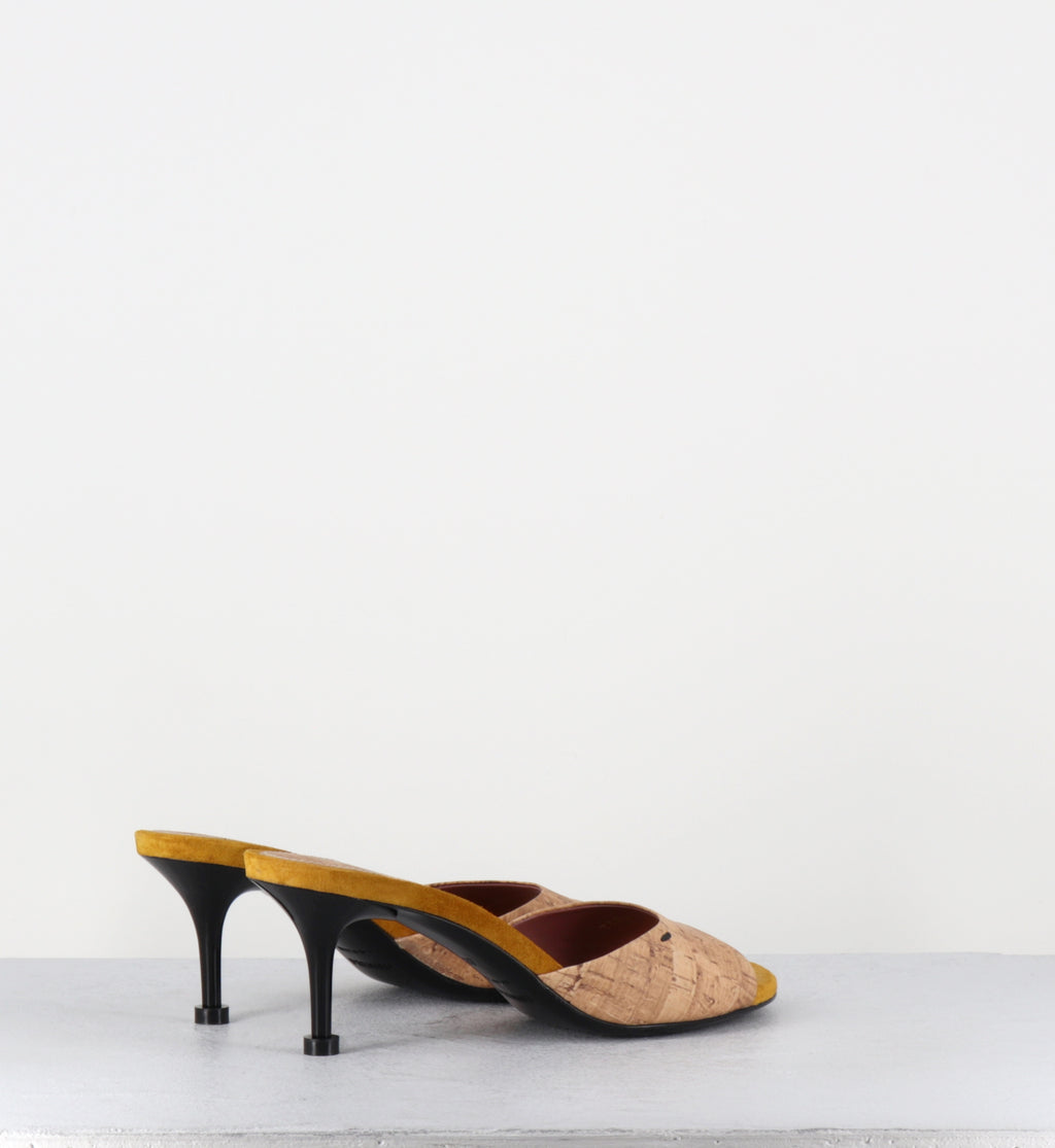 Mules à talon en liège & daim jaune moutarde - M7324 CORK RUSTIC