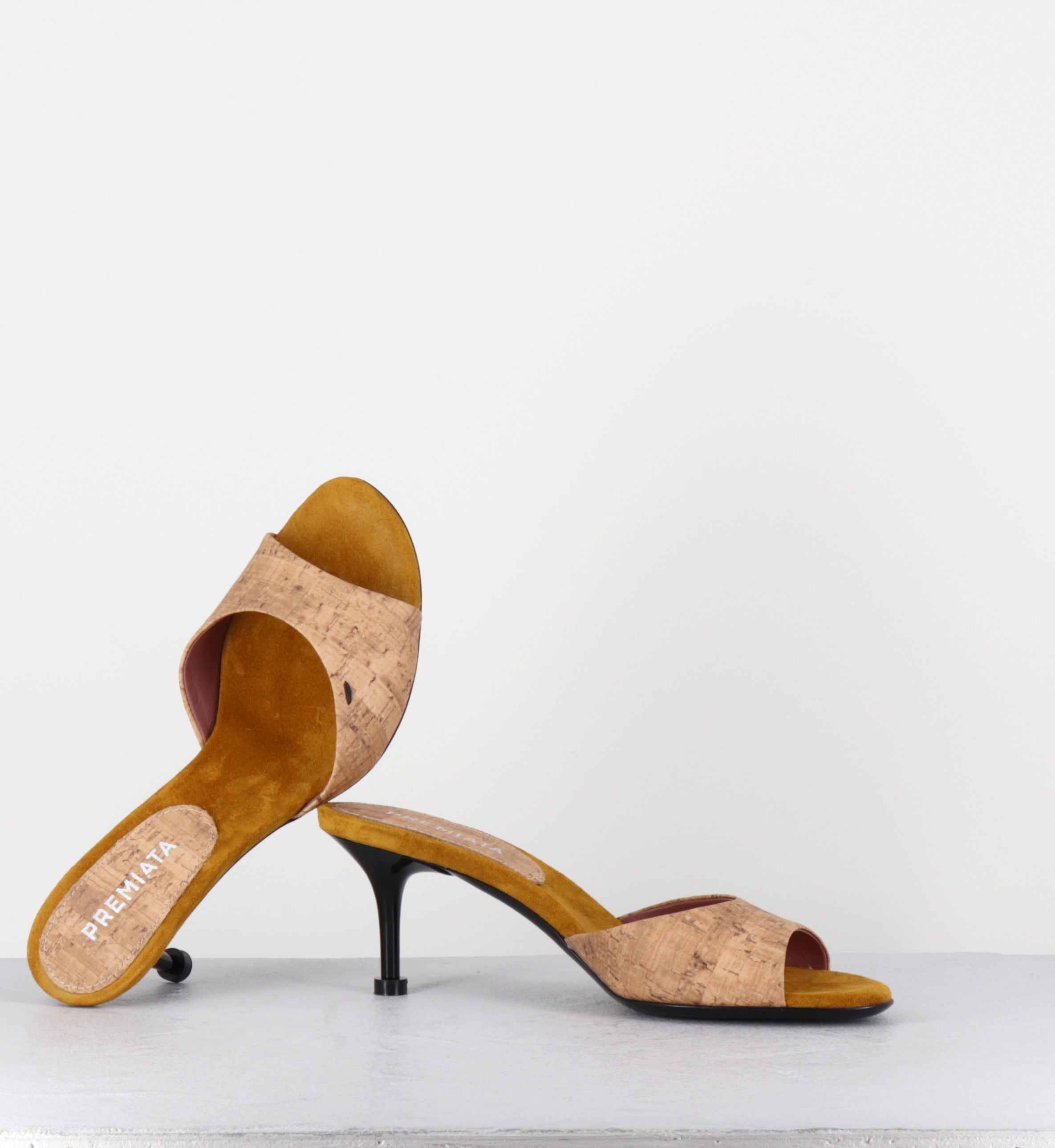 Mules à talon en liège & daim jaune moutarde - M7324 CORK RUSTIC