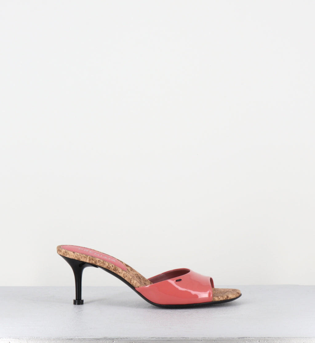 Mules à talon en cuir vernis rose et liège - M7324 PIUMA LAMPONE