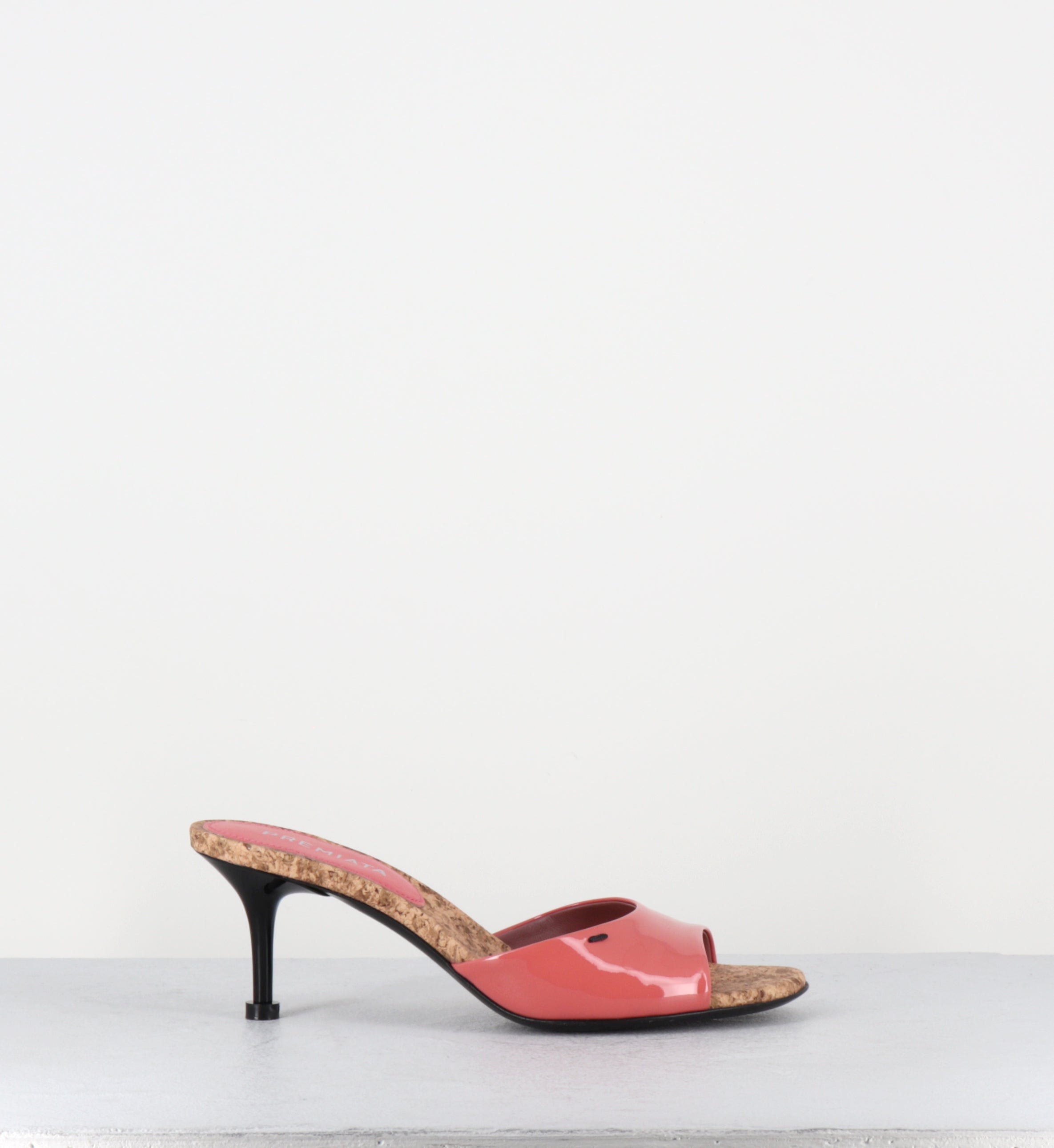 Mules à talon en cuir vernis rose et liège - M7324 PIUMA LAMPONE
