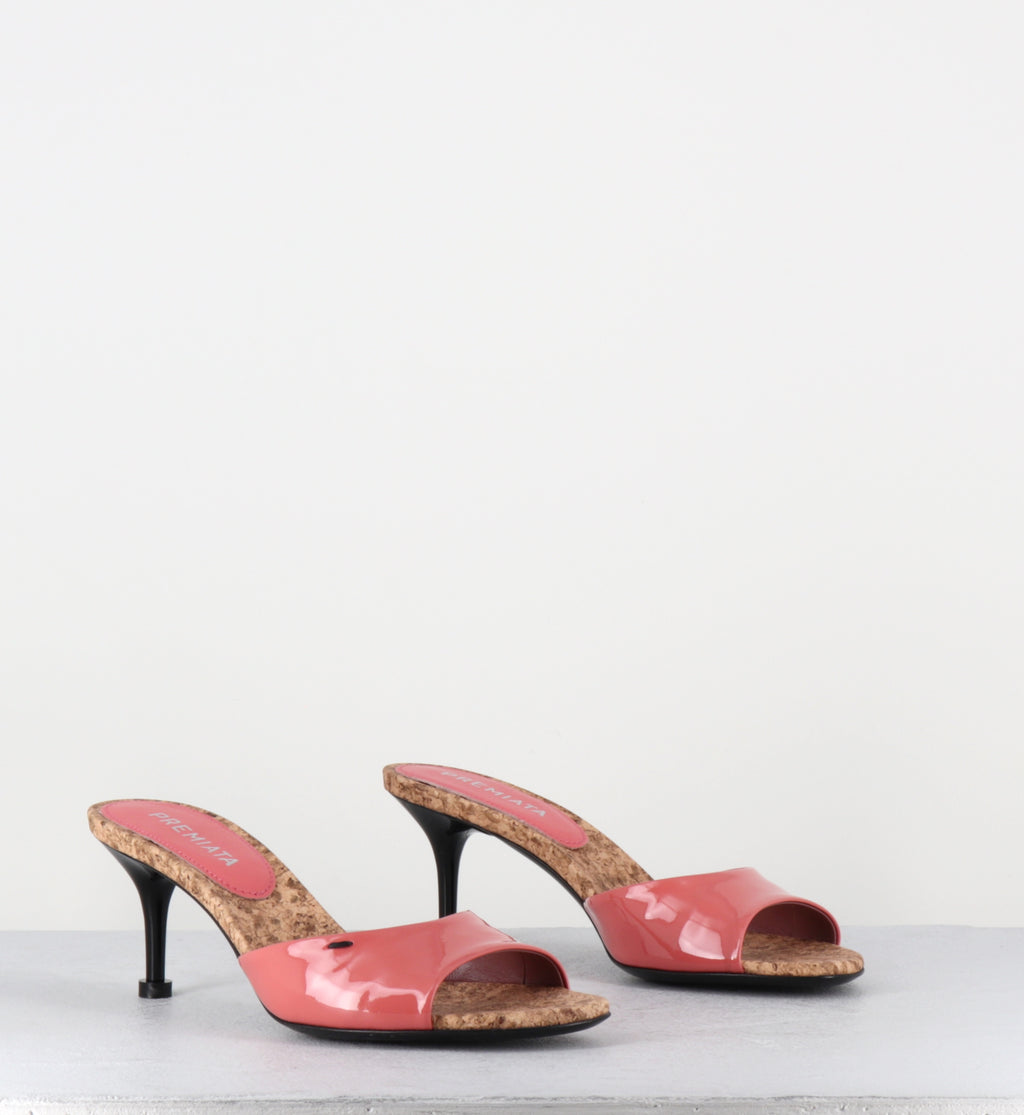 Mules à talon en cuir vernis rose et liège - M7324 PIUMA LAMPONE