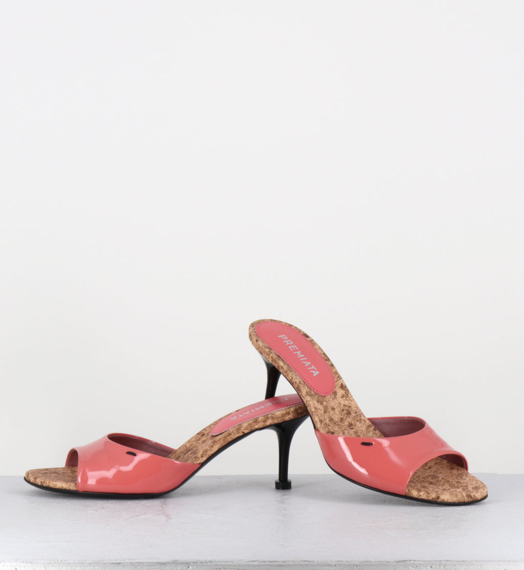 Mules à talon en cuir vernis rose et liège - M7324 PIUMA LAMPONE