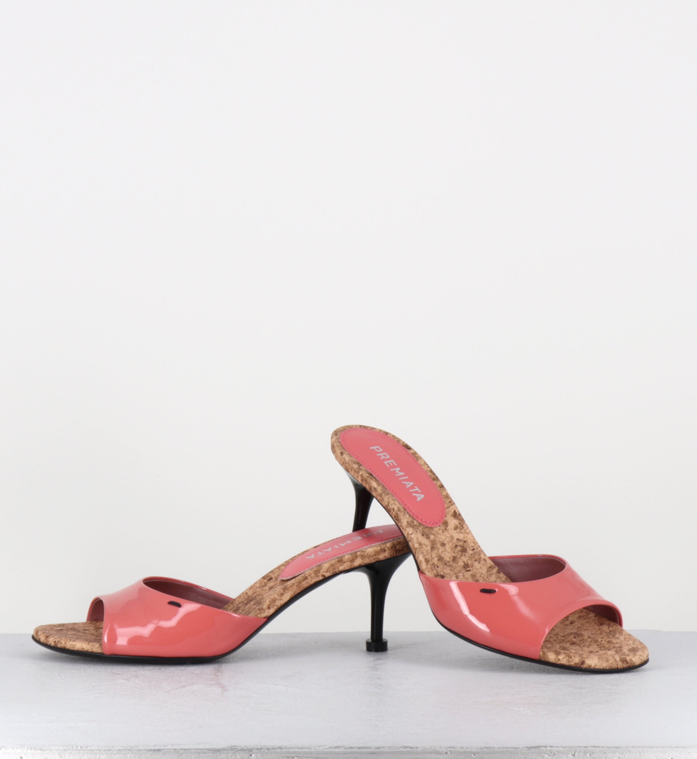 Mules à talon en cuir vernis rose et liège - M7324 PIUMA LAMPONE
